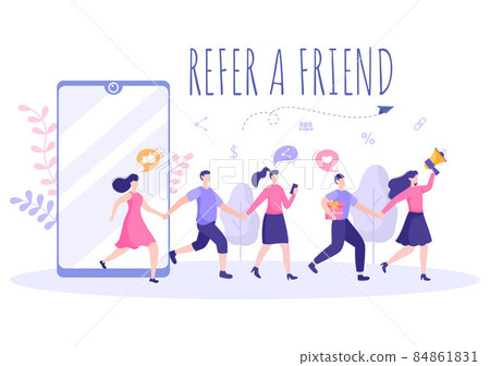 Refer a Friend Flat Design Illustration with Megaphone on Screen Mobile Phone and Social Media Marketing for Friends via Banner, Background or Poster 84861831