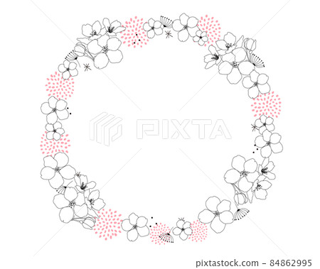 黑白線描櫻花圖案圓框插畫素材 84862995