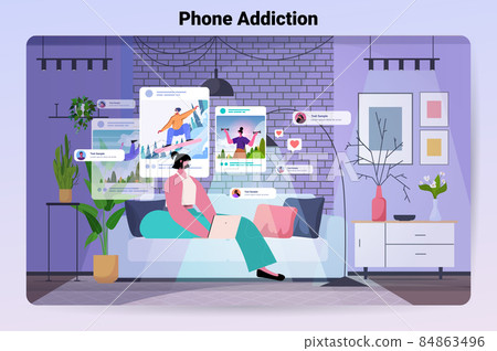 woman blogger sharing photos at social networks guy making posts for followers social media addiction concept woman blogger sharing photos at social networks guy making posts for followers social media addiction concept 84863496