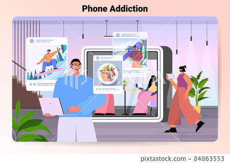 people bloggers sharing photos at social networks men women making posts for followers social media addiction people bloggers sharing photos at social networks men women making posts for followers social media addiction 84863553