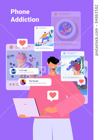 man blogger sharing photos at social networks girl making posts for followers social media addiction concept man blogger sharing photos at social networks girl making posts for followers social media addiction concept 84863582