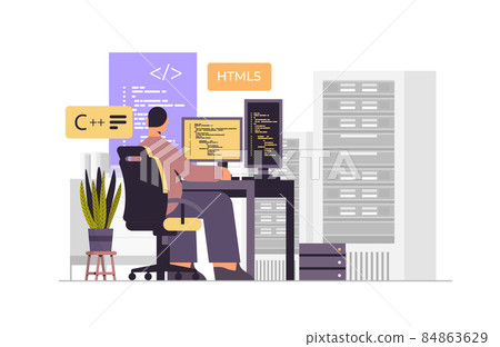 web developer creating program code on computer... - Stock Illustration ...