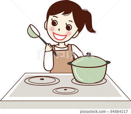 一個穿著圍裙在 IH 爐子上做飯的微笑女人。 84864217