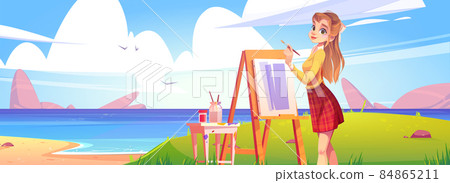 Girl painter on sea beach on plein air Girl painter on sea beach on plein air 84865211