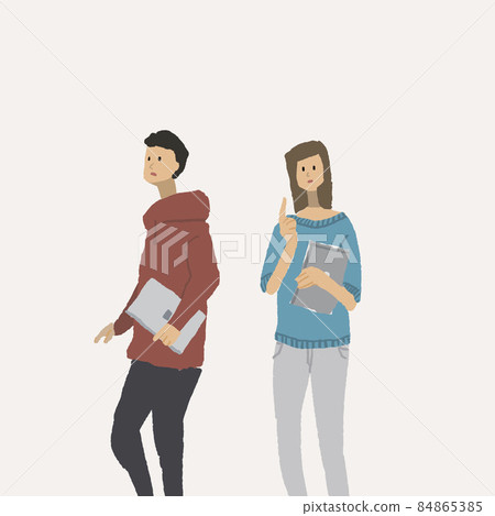 用個人電腦思考的年輕男女，工作，B 84865385