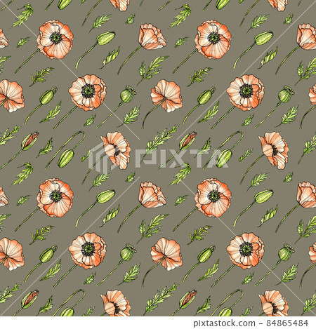 Poppy print. Red flowers, buds, leaves on brown backdrop. Ink and watercolor. Textile, packaging Poppy print. Red flowers, buds, leaves on brown backdrop. Ink and watercolor. Textile, packaging 84865484