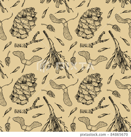 Natural elements print. Repeating cone, twig and seeds on beige. Seamless pattern. Black ink 84865670