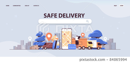 safe delivery service people using online transportation and logistic digital shopping application on smartphone screen 84865994