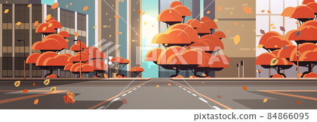 empty street road with crosswalk city buildings skyline modern architecture autumn cityscape background 84866095