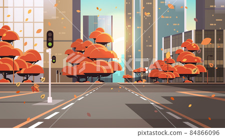 empty street road with crosswalk city buildings skyline modern architecture autumn cityscape background 84866096