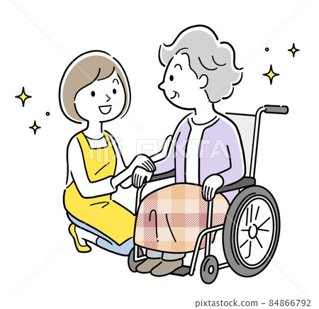 Vector illustration material: Senior female in a wheelchair and young female staff cuddling, nursing 84866792