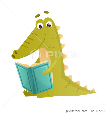 Cute crocodile reading book. Smart baby animal sitting and studying with book cartoon vector illustration 84867713