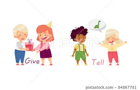 Give and Tell English action verbs for kids education set. Children doing daily routine activities vector illustration 84867781