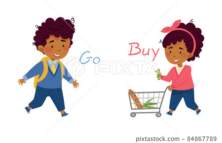 Go and buy English action verbs for kids education set. Children doing daily routine activities vector illustration 84867789