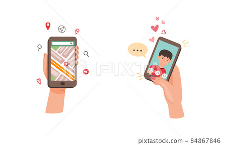 Hands holding smartphones set. Video call boyfriend. City map gps navigation on smartphone screen vector illustration Hands holding smartphones set. Video call boyfriend. City map gps navigation on smartphone screen vector illustration 84867846