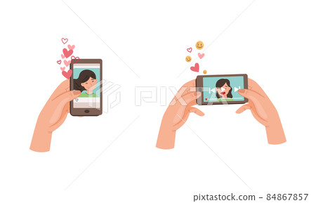 Hands holding smartphone with girlfriend on screen set. Video call with loved one vector illustration 84867857