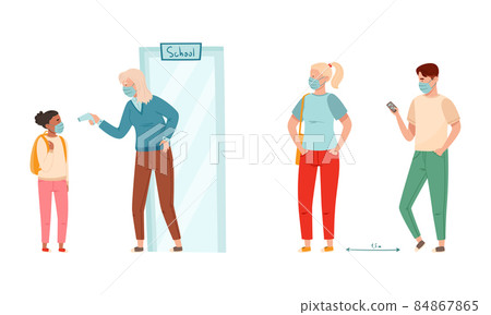 Coronavirus disease prevention measures set. Social distancing and measuring temperature vector illustration Coronavirus disease prevention measures set. Social distancing and measuring temperature vector illustration 84867865