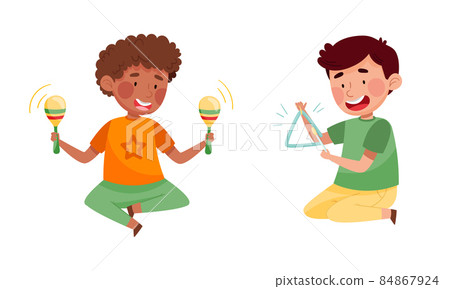 Cute kids playing music set. Boys performing with triangle and shaking maracas vector illustration Cute kids playing music set. Boys performing with triangle and shaking maracas vector illustration 84867924
