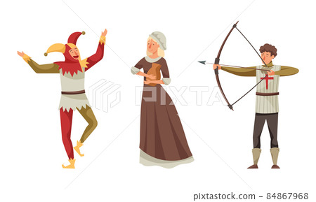 Inhabitants of the medieval city set. Jester, peasant, archer characters vector illustration Inhabitants of the medieval city set. Jester, peasant, archer characters vector illustration 84867968