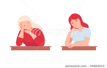 Puzzled young women thinking about their problems set vector illustration 84868020