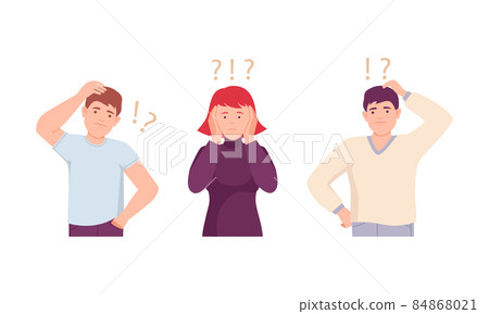 Man and woman thinking with question marks over their heads set. Doubting man and woman thinking about problems vector illustration Man and woman thinking with question marks over their heads set. Doubting man and woman thinking about problems vector illustration 84868021