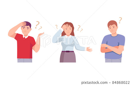 Man and woman thinking with question marks set. Doubting people thinking about their problems vector illustration Man and woman thinking with question marks set. Doubting people thinking about their problems vector illustration 84868022