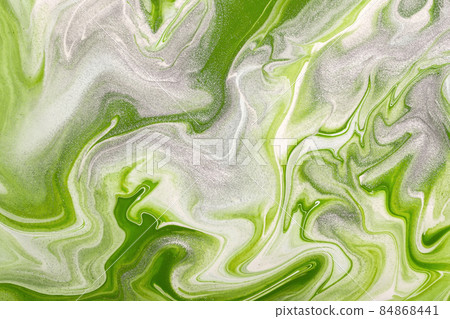 Abstract fluid art background light green and white colors. Liquid marble. Acrylic painting with silver gradient. 84868441