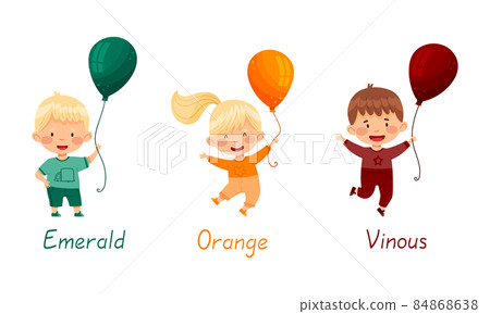 Cute kids holding balloons of different colors set. Boys and girl holding emerald, orange and vinous balloon vector illustration Cute kids holding balloons of different colors set. Boys and girl holding emerald, orange and vinous balloon vector illustration 84868638