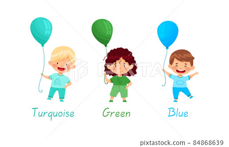 Cute kids holding balloons of different colors set. Boys and girl holding turquoise, green and blue balloon vector illustration Cute kids holding balloons of different colors set. Boys and girl holding turquoise, green and blue balloon vector illustration 84868639