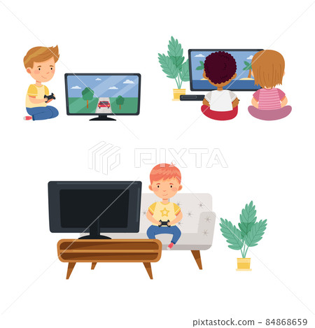 Kids playing video games set. Boys and girl sitting at tv screen with gamepad controllers vector illustration 84868659