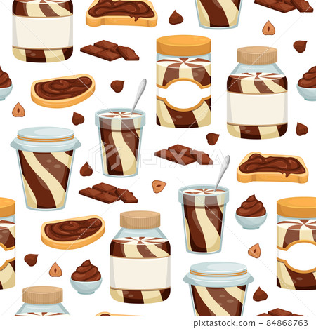 Seamless pattern with cans of chocolate paste, sandwiches, chocolate and nuts. Sweet sandwich with chocolate paste. 84868763