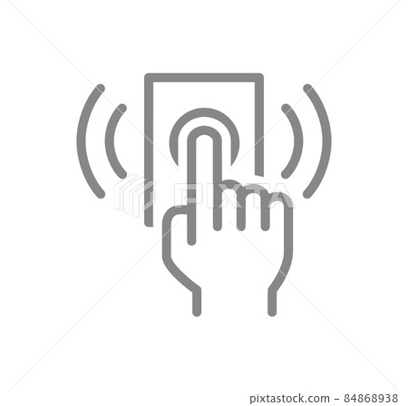Hand presses the doorbell line icon. Ring the door bell symbol 84868938