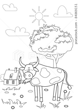 Cute bull farm animals coloring book educational illustration for children. Rural landscape colouring page. Vector black white outline cartoon character Cute bull farm animals coloring book educational illustration for children. Rural landscape colouring page. Vector black white outline cartoon character 84869151