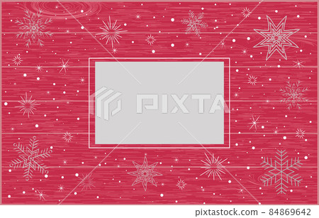 white snowflakes and stars on a red background with a wood texture and a frame for the inscription 84869642