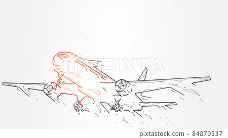 Abstract vector illustrations of a plane taking off, airplane crash, passenger or cargo plane made of dots and lines, abstract concept of international air transport Abstract vector illustrations of a plane taking off, airplane crash, passenger or cargo plane made of dots and lines, abstract concept of international air transport 84870537