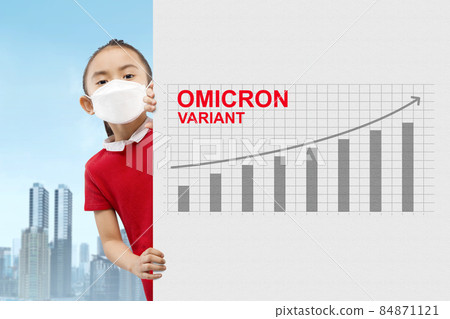 Asian little girl in face mask showing increased graph of new variant of covid 19 omicron patient 84871121