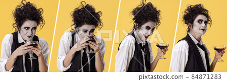 Collage of portraits of artistic woman in costume of famous movie character posing with alcohol drink isolated over yellow background 84871283