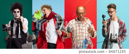 Collage of emotive people expressing anger isolated over multicoloed background 84871285