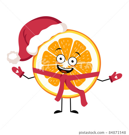 Orange Santa character with happy emotion, joyful face, smile eyes, arms and legs with scarf and mittens. Citrus person with expression, red fruit for Christmas and New year. Vector illustration Orange Santa character with happy emotion, joyful face, smile eyes, arms and legs with scarf and mittens. Citrus person with expression, red fruit for Christmas and New year. Vector illustration 84871548