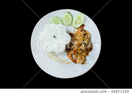 Top view of Rice with Stir Fried Shrimp with Garlic and White Pepper Top view of Rice with Stir Fried Shrimp with Garlic and White Pepper 84871589