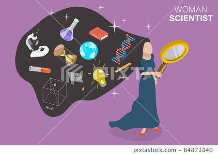 3D Isometric Flat Vector Conceptual Illustration of Woman Scientist. 84871840