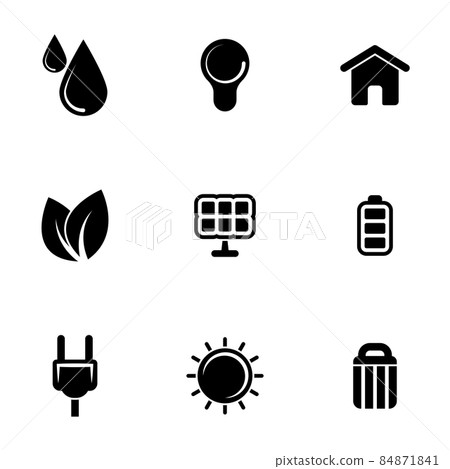 Set of simple icons on a theme Ecology, energy, battery, solar panel, recycling, safe, fuel, vector, set. White background 84871841