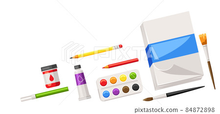 Background with painter tools and materials. Art supplies for