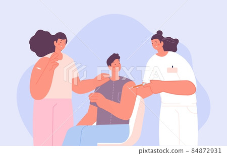 Vaccination. People vaccinated. Couple and nurse, flu vaccine. Medical concept, healthcare and life care vector scene 84872931