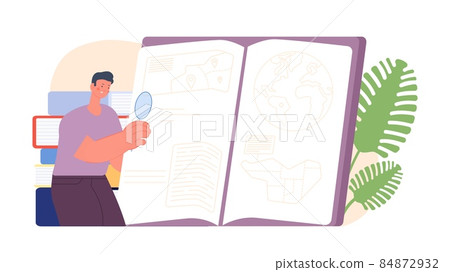Student reading. Man study book, self education and read. Library concept, boy look new information vector scene 84872932