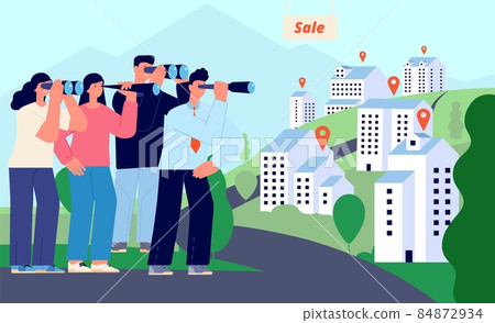 Real estate sale. People waiting bidding. Houses and apartments bargaining price. Mortgage or rent, woman man with binoculars looking buildings, vector illustration Real estate sale. People waiting bidding. Houses and apartments bargaining price. Mortgage or rent, woman man with binoculars looking buildings, vector illustration 84872934