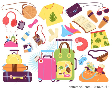 Travel accessories. Traveler stuff, suitcase and beach objects. Female bag, summer tourism fashion elements. Doodle luggage for vacation, decent vector set 84873018