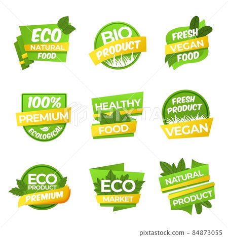Eco product sticker. Organic tag, vegetables nature labels. Healthy bio vegan natural symbols. Fresh vegetarian food badge design, recent vector banners Eco product sticker. Organic tag, vegetables nature labels. Healthy bio vegan natural symbols. Fresh vegetarian food badge design, recent vector banners 84873055