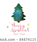 Watercolor illustration of Christmas tree. Composition Happy New Year. Pine twig, branch, ribbon, star, candy, bow, front view. Modern hand-drawn illustration of tree decoration, Xmas background. 84874115