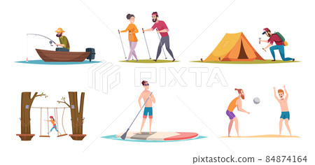 Outdoor activities. Tourism exploration hiking picnic characters in park travelling lifestyle adventure leasure exact vector people in action poses 84874164